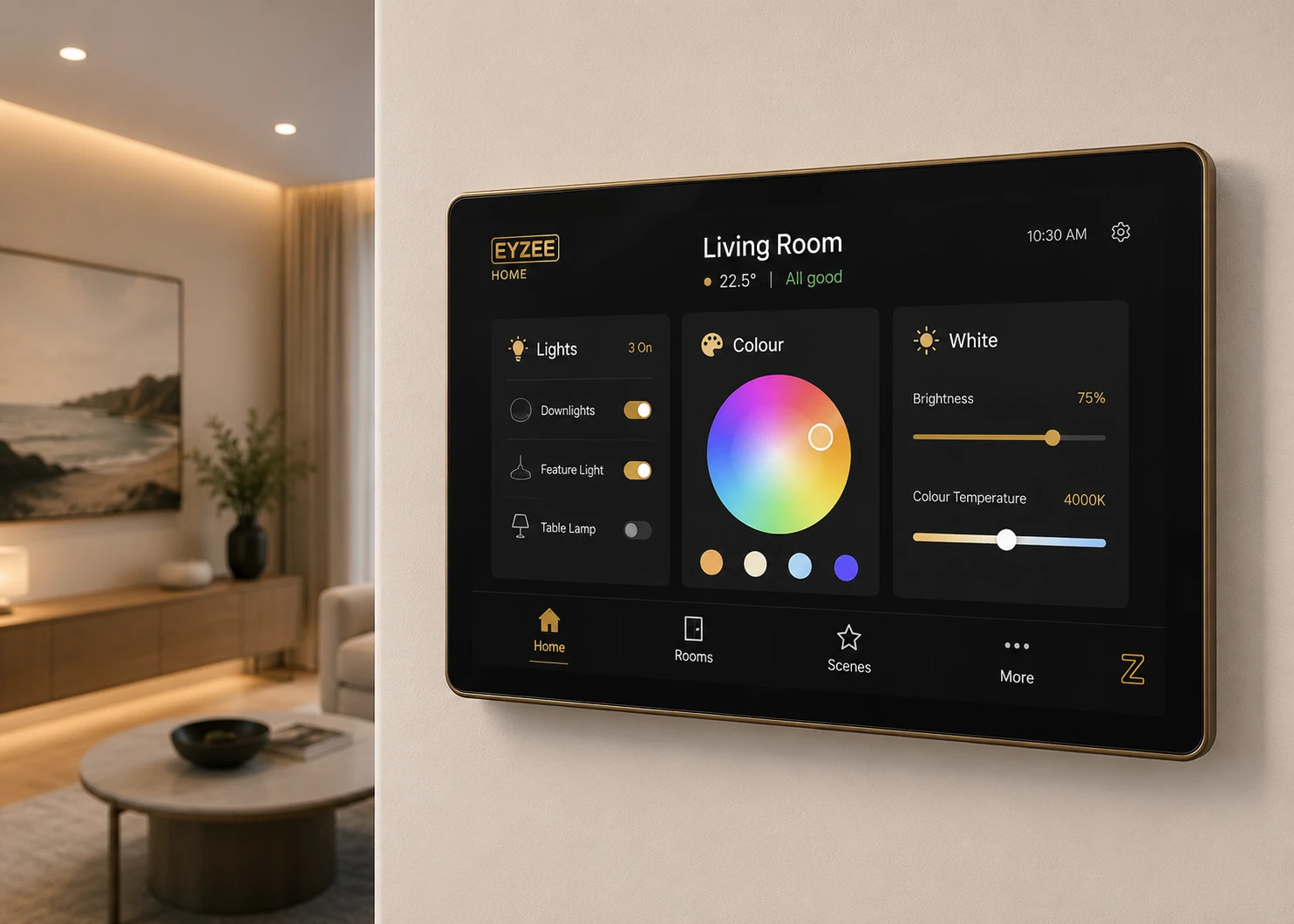 EyZEE Home room-control screen mounted on an Australian interior wall